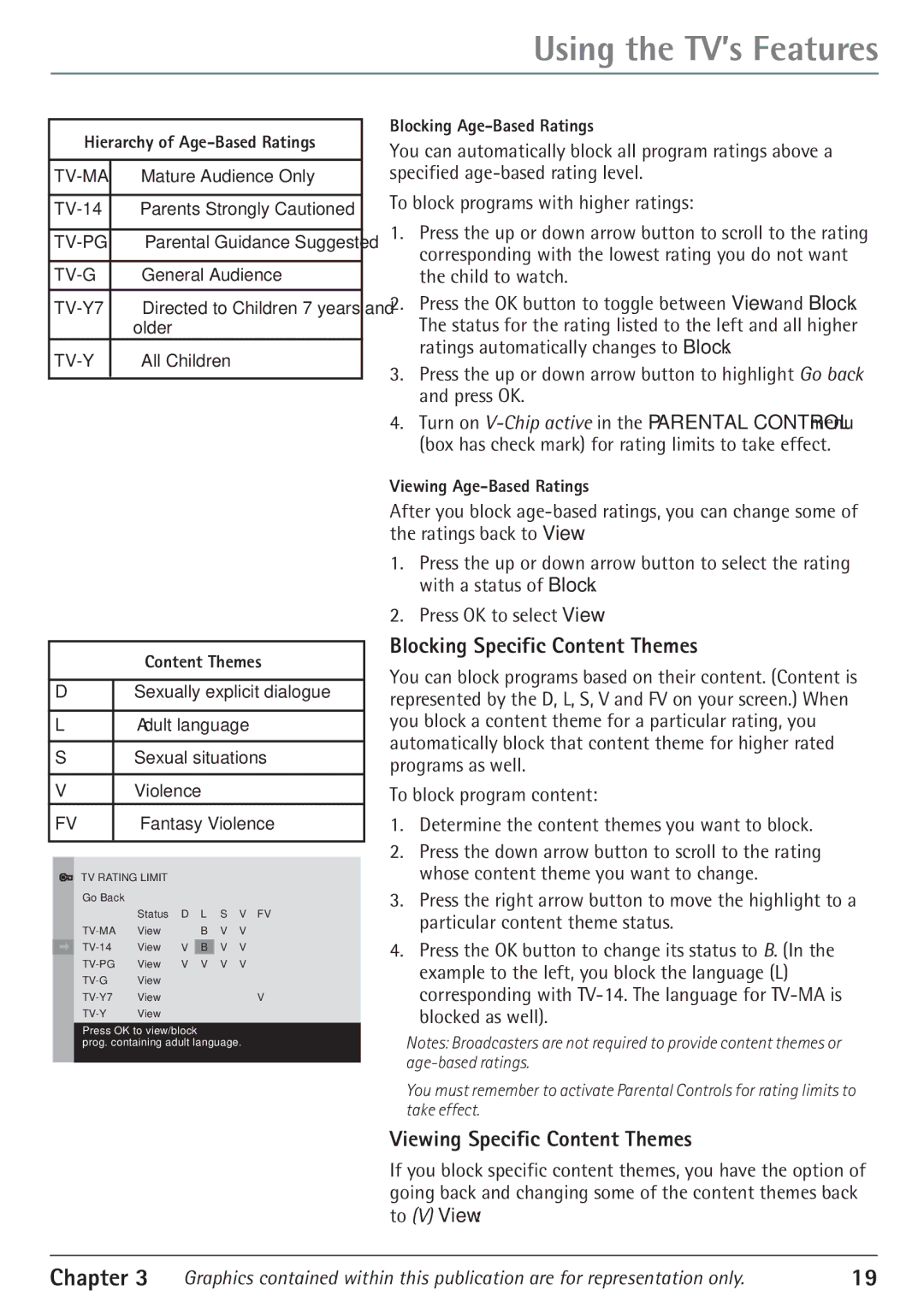 RCA 27V550T manual Blocking Specific Content Themes, Viewing Specific Content Themes, Hierarchy of Age-Based Ratings 