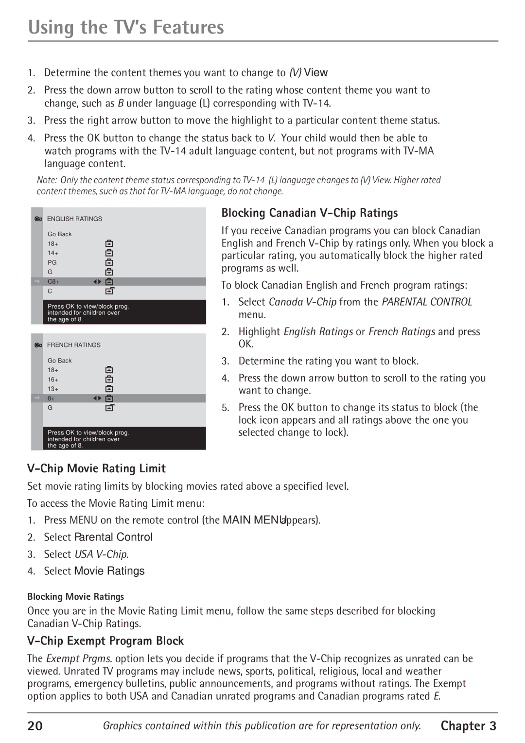 RCA 27V550T Blocking Canadian V-Chip Ratings, Chip Movie Rating Limit, Chip Exempt Program Block, Blocking Movie Ratings 