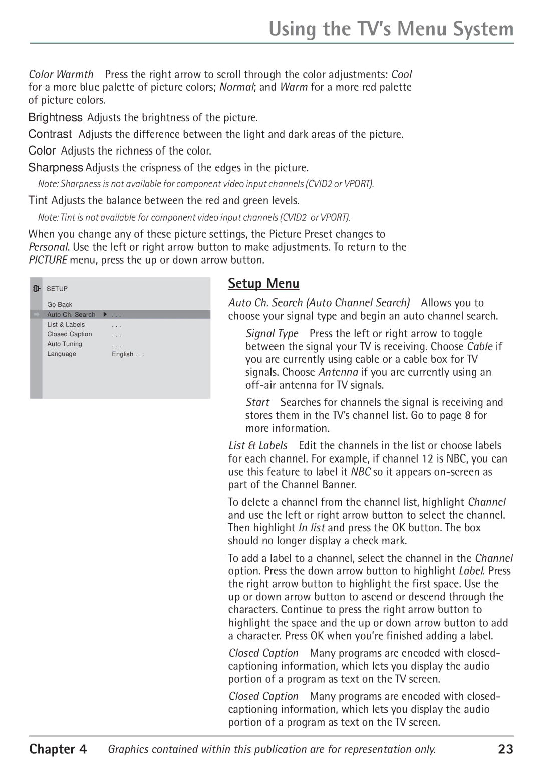 RCA 27V550T manual Using the TV’s Menu System, Setup Menu 