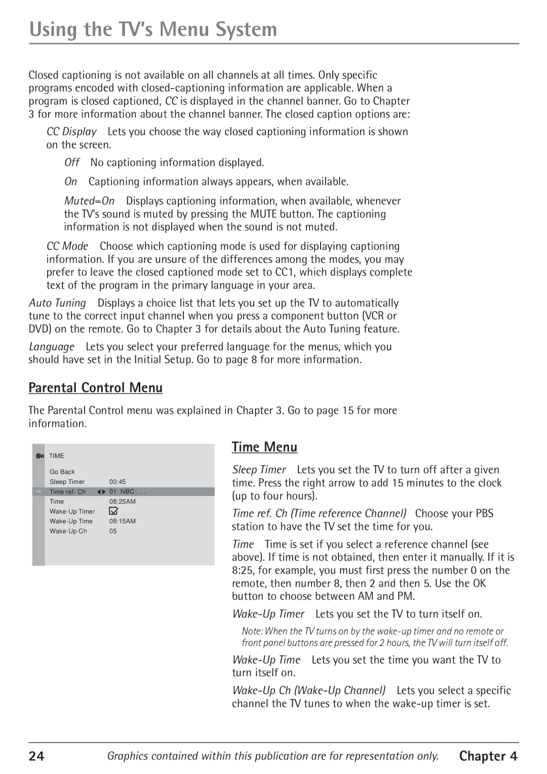 RCA 27V550T manual Parental Control Menu, Time Menu 