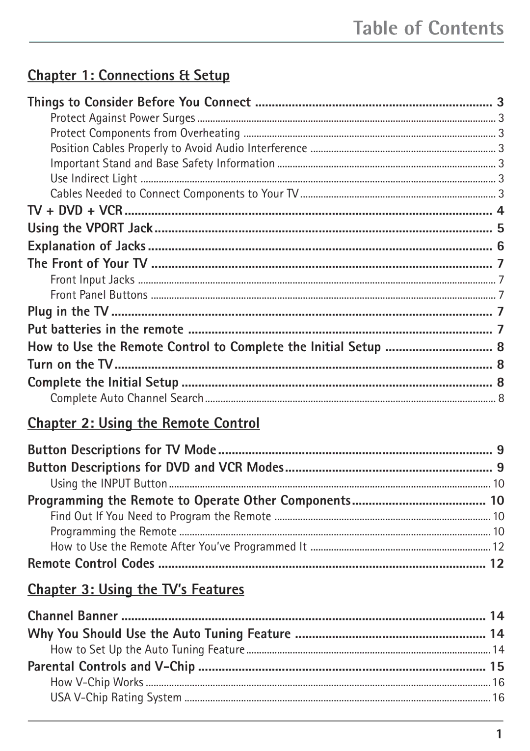 RCA 27V550T manual Table of Contents 