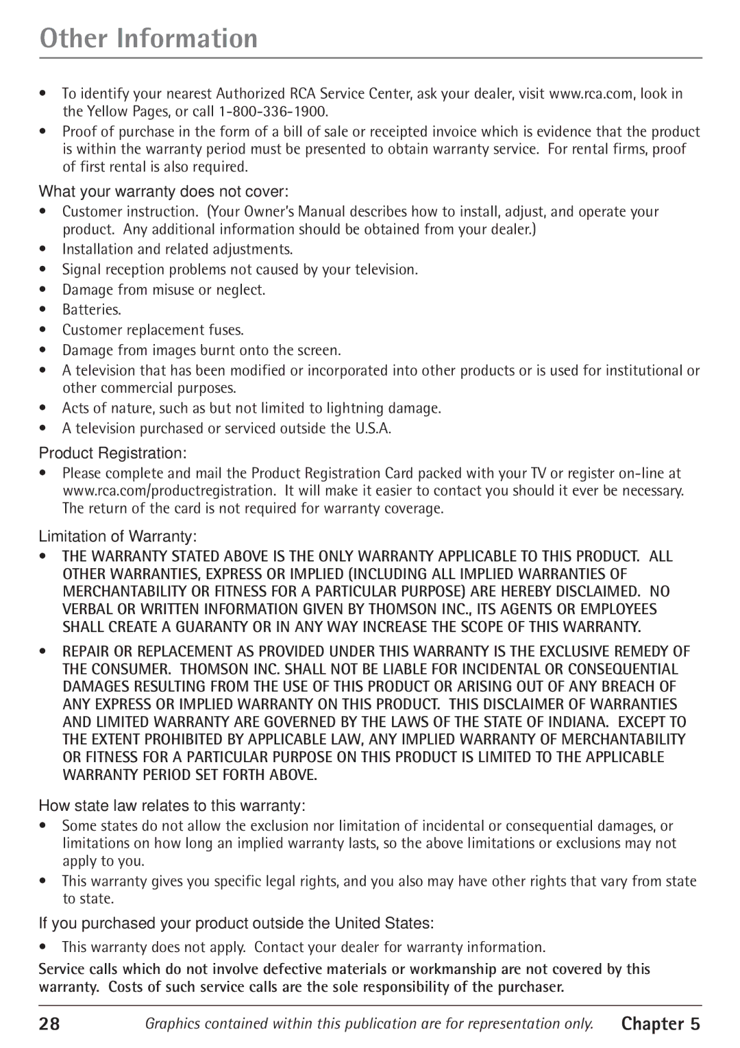 RCA 27V550T manual What your warranty does not cover, Product Registration Limitation of Warranty 