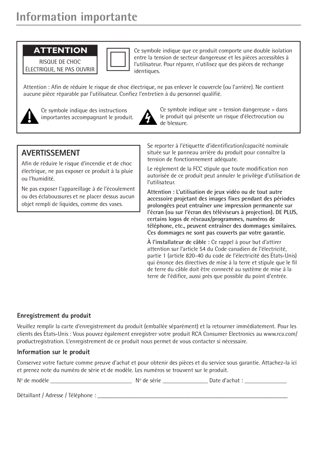 RCA 27V550T manual Information importante, Enregistrement du produit Information sur le produit 