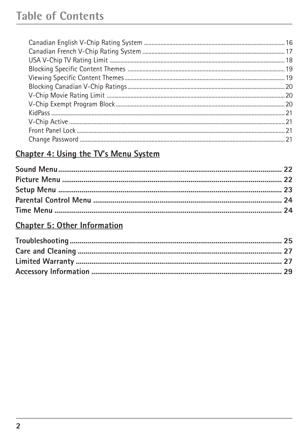 RCA 27V550T manual Table of Contents 