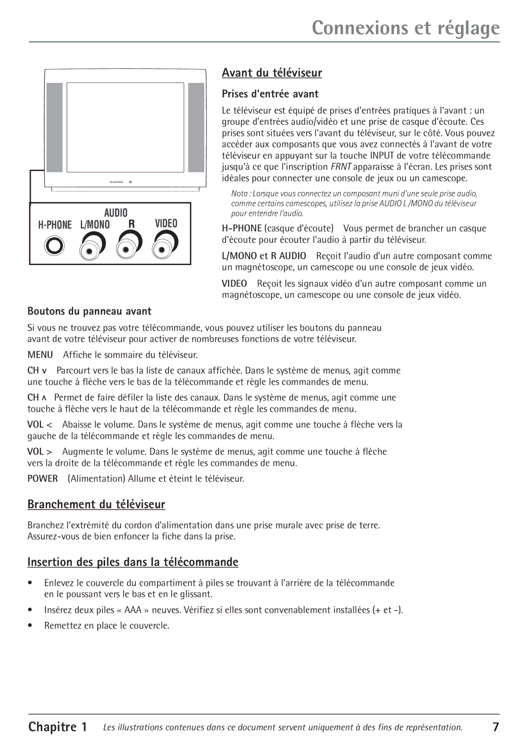 RCA 27V550T manual Avant du tŽlŽviseur, Branchement du tŽlŽviseur, Insertion des piles dans la tŽlŽcommande 