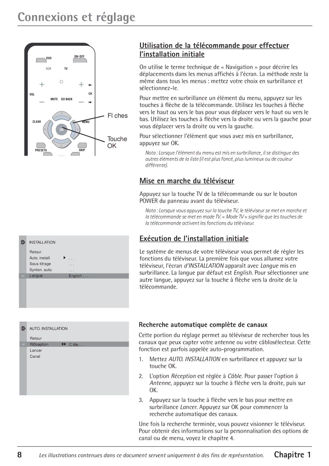 RCA 27V550T Mise en marche du tŽlŽviseur, ExŽcution de lÕinstallation initiale, Recherche automatique complte de canaux 