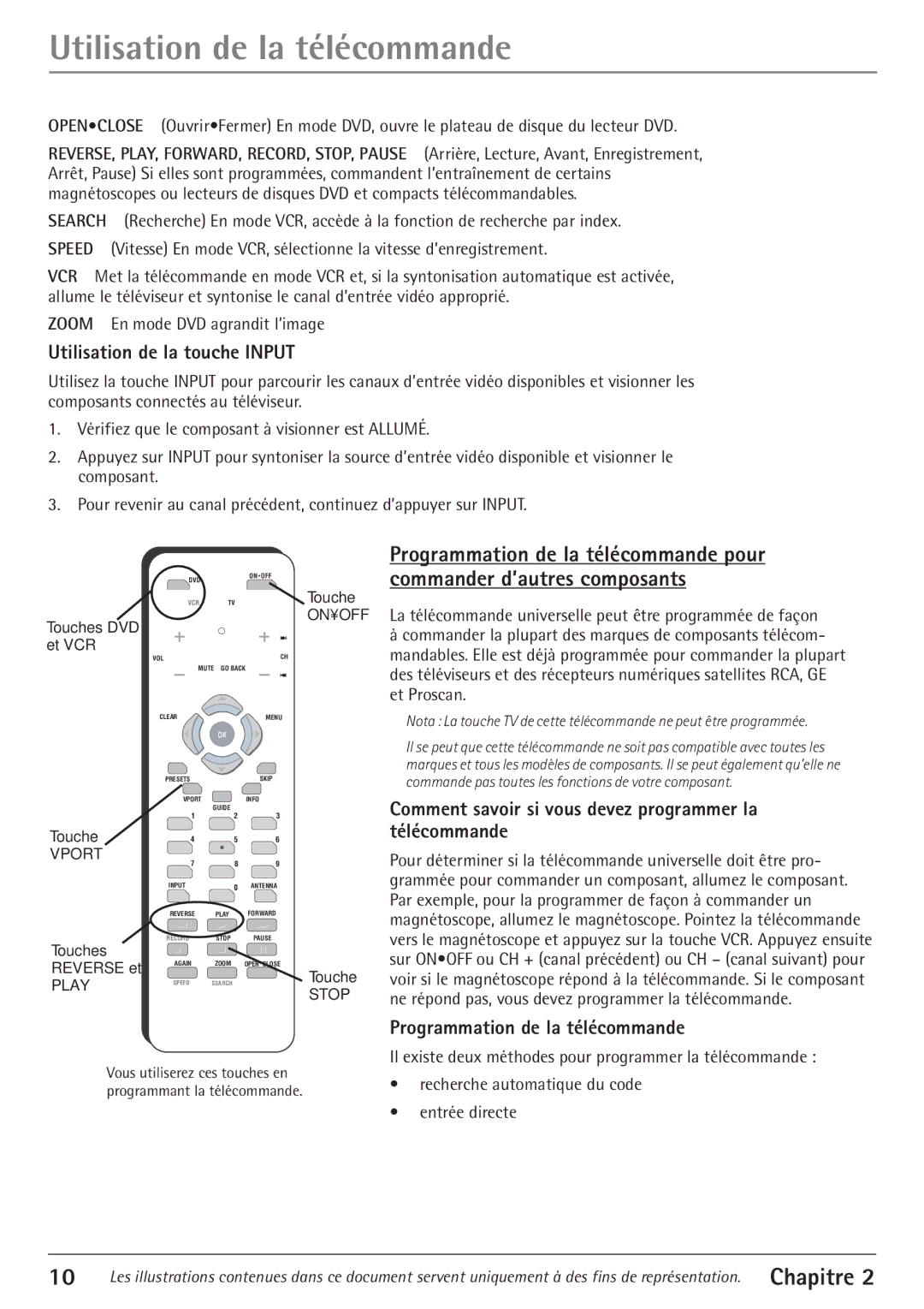 RCA 27V550T manual Utilisation de la tŽlŽcommande, Utilisation de la touche Input, Programmation de la tŽlŽcommande 