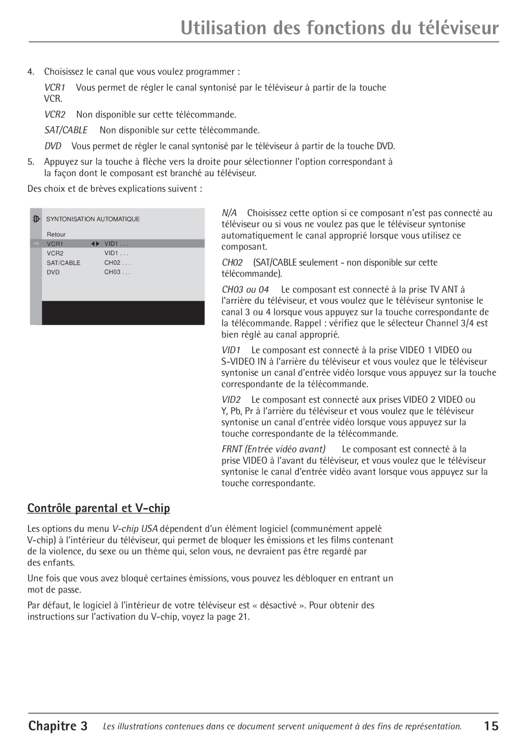 RCA 27V550T manual Utilisation des fonctions du tŽlŽviseur, Contrle parental et V-chip 