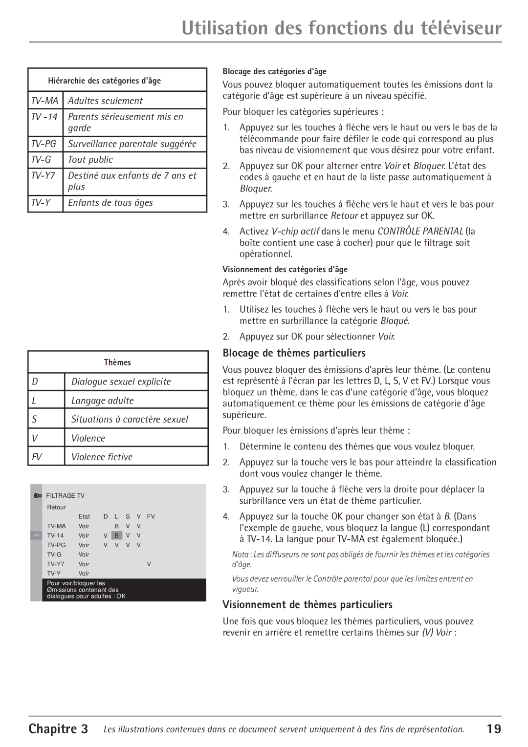 RCA 27V550T manual Blocage de thmes particuliers, Visionnement de thmes particuliers 