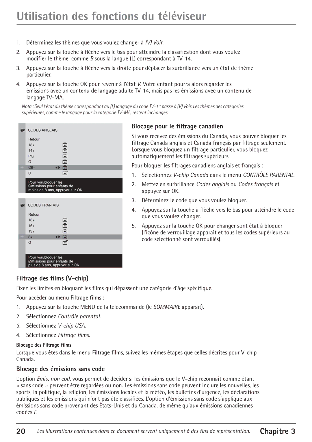 RCA 27V550T manual Filtrage des films V-chip Blocage pour le filtrage canadien, Blocage des Žmissions sans code 