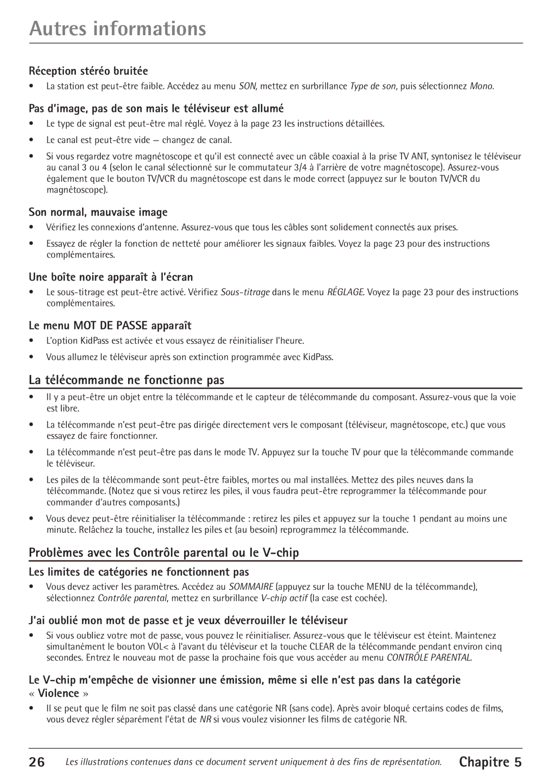 RCA 27V550T manual Autres informations, La tŽlŽcommande ne fonctionne pas, Problmes avec les Contrle parental ou le V-chip 