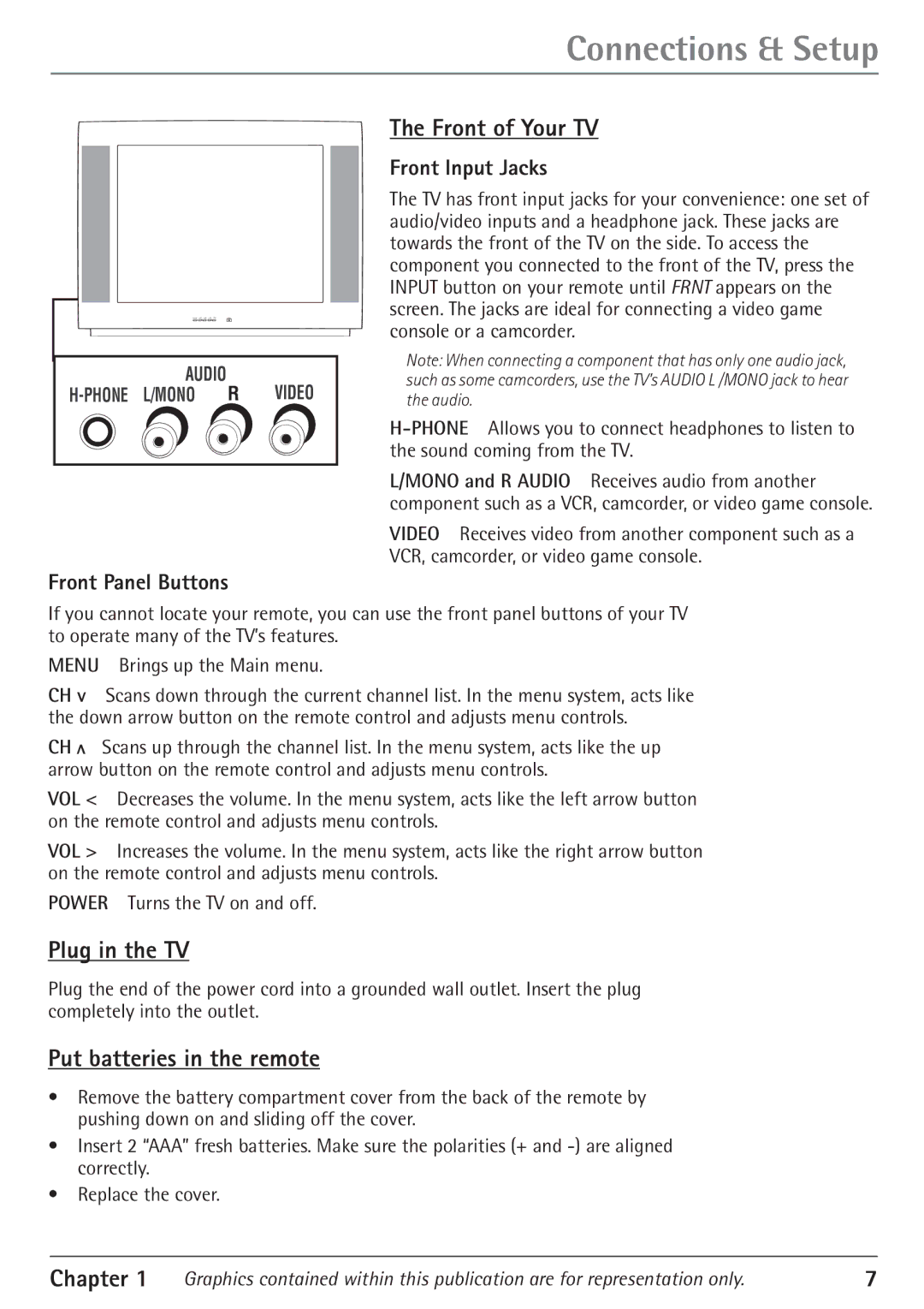 RCA 27V550T manual Front of Your TV, Plug in the TV, Put batteries in the remote, Front Panel Buttons, Front Input Jacks 