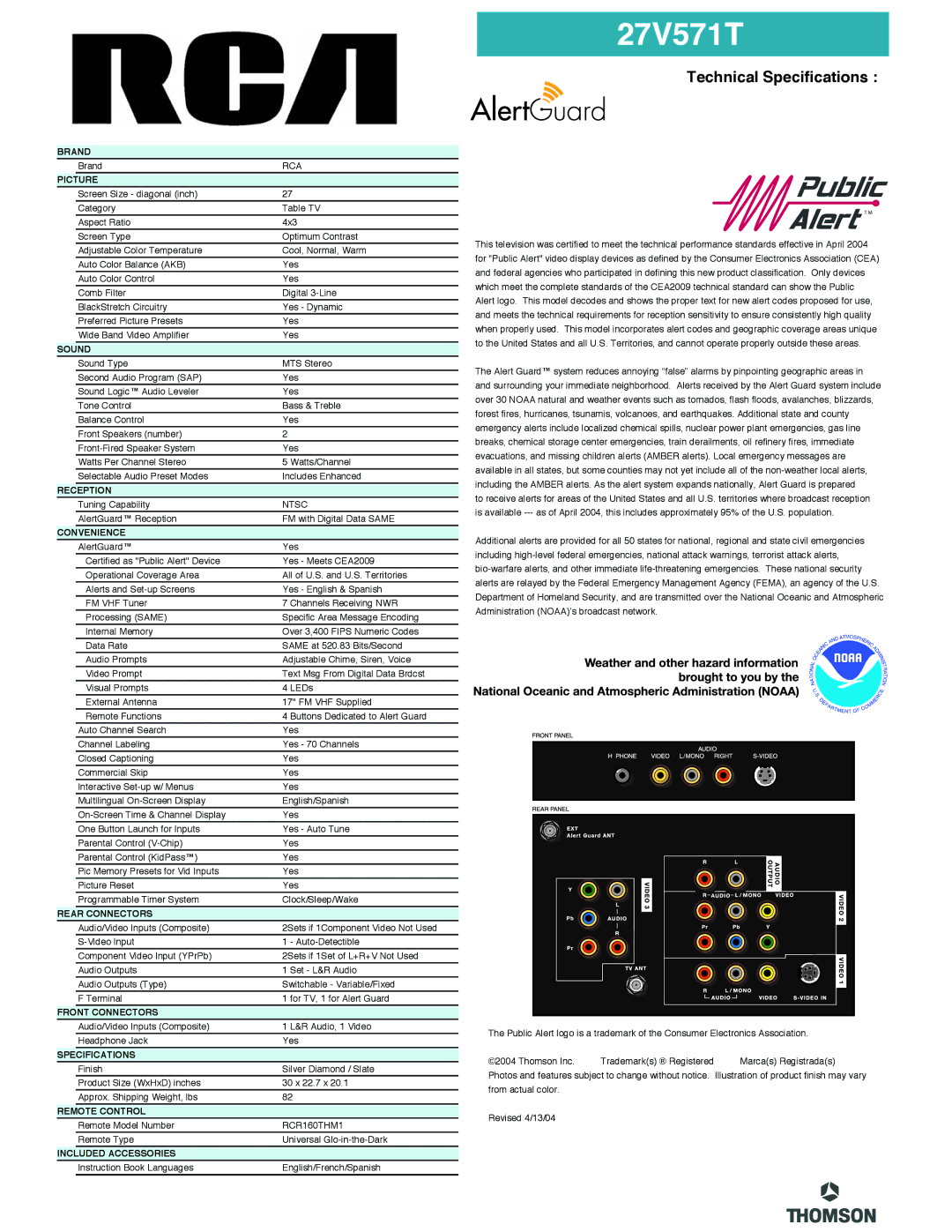 RCA 27V571T manual Technical Specifications 