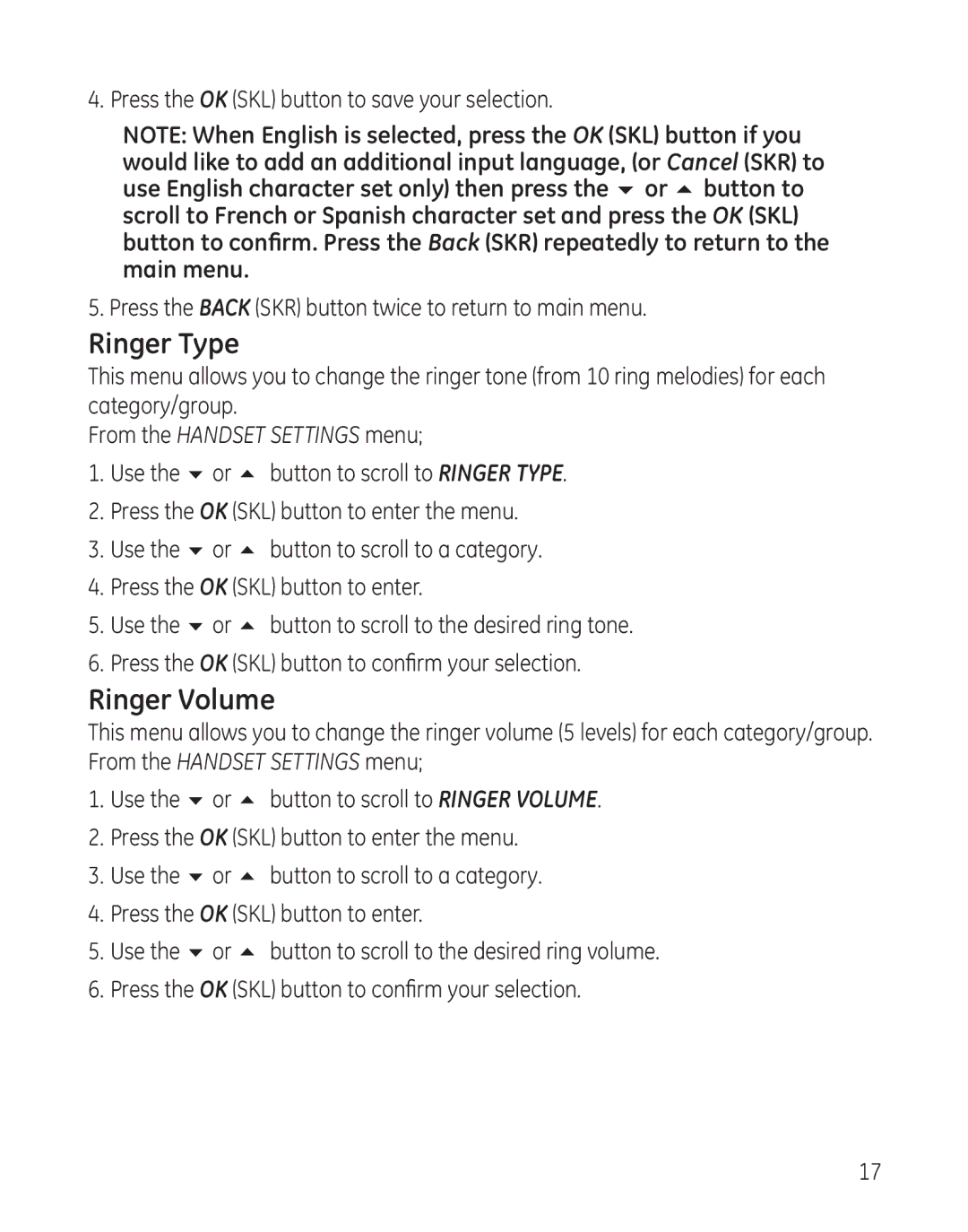 RCA 28300 setup guide Ringer Type, Ringer Volume 