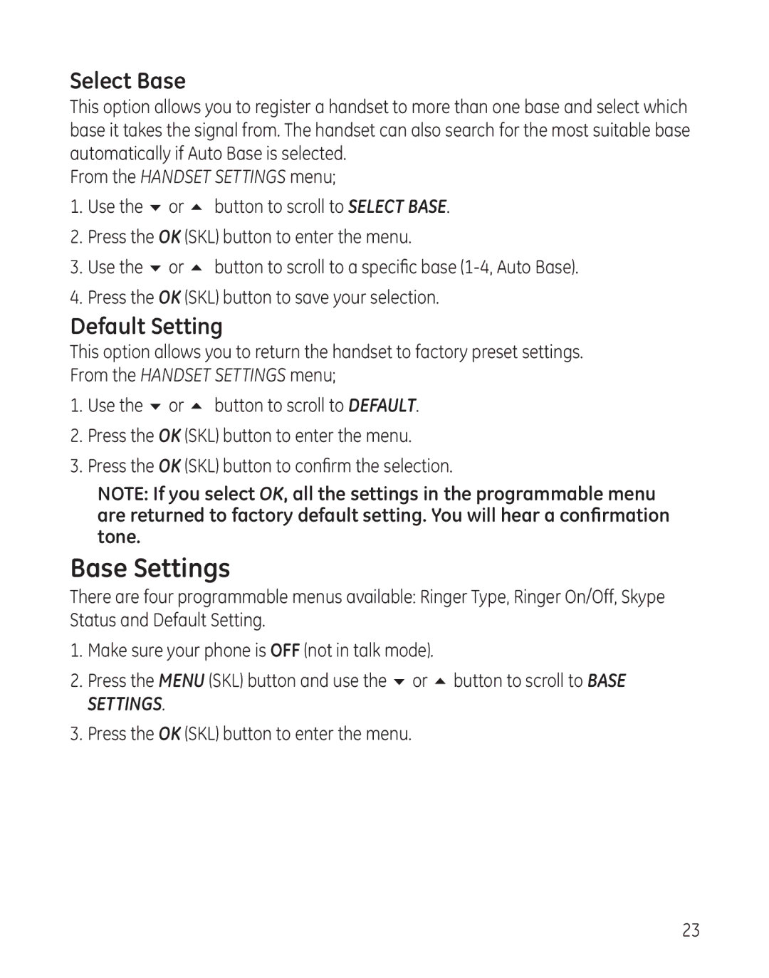 RCA 28300 setup guide Base Settings, Select Base, Default Setting 