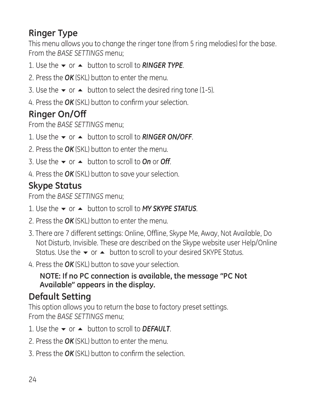 RCA 28300 setup guide Ringer On/Off, Skype Status 