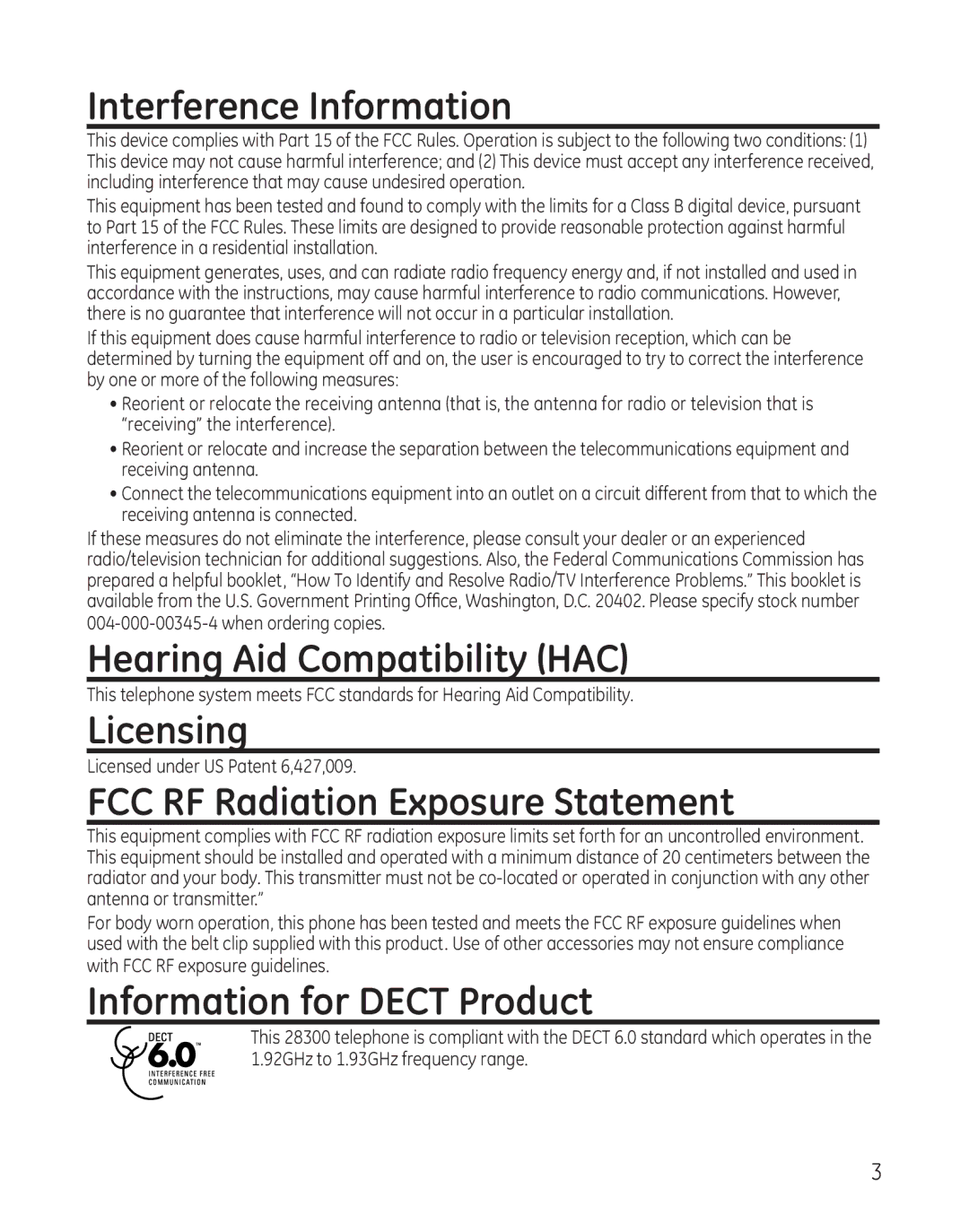 RCA 28300 Interference Information, Hearing Aid Compatibility HAC, Licensing, FCC RF Radiation Exposure Statement 