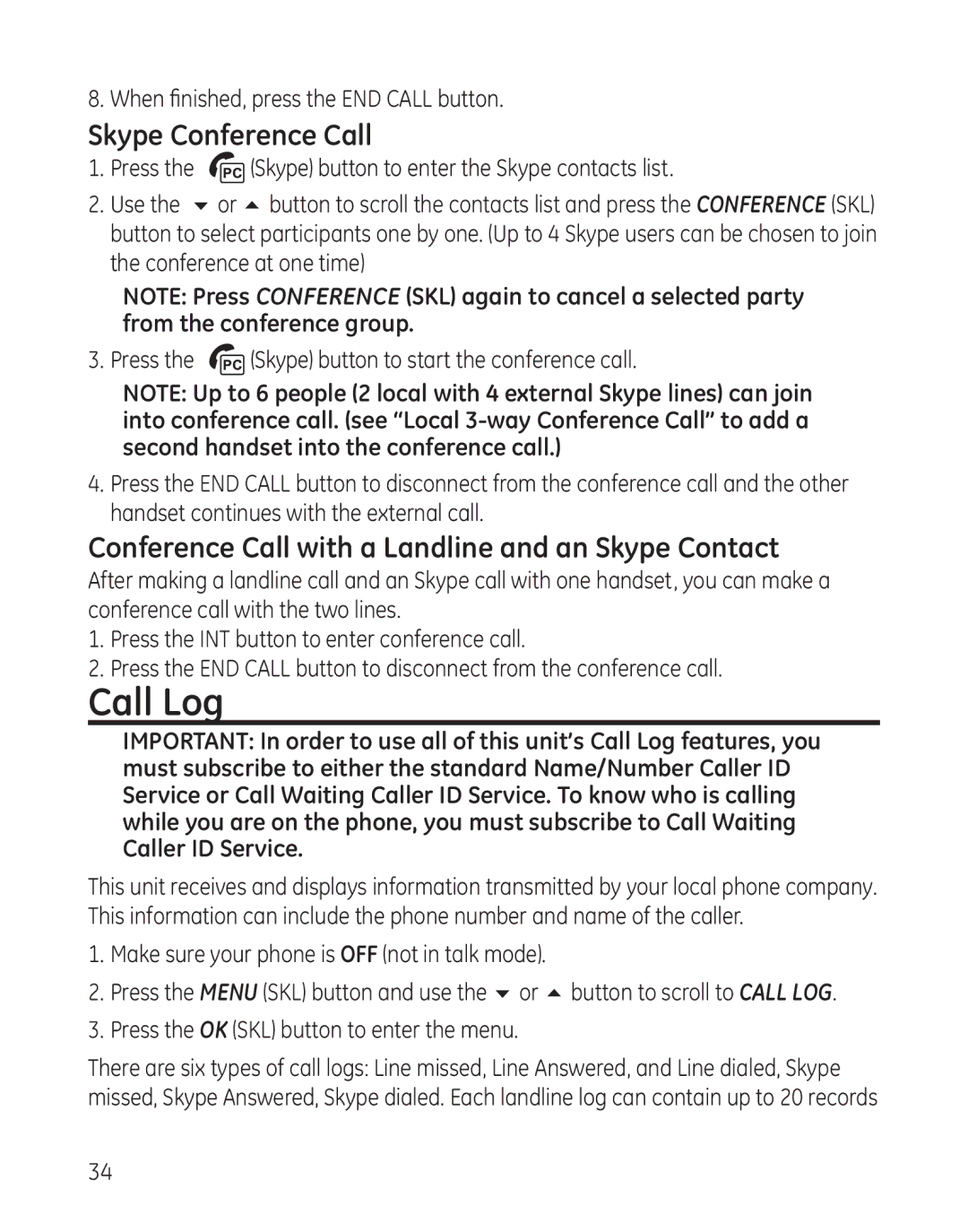 RCA 28300 setup guide Call Log, Skype Conference Call, Conference Call with a Landline and an Skype Contact 