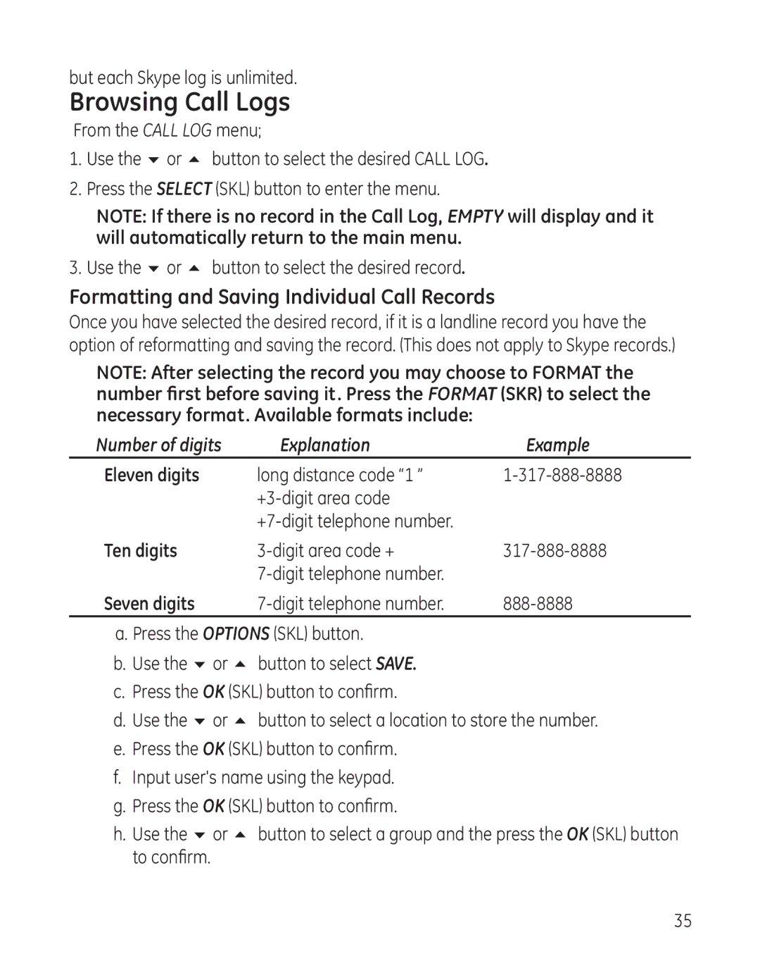 RCA 28300 setup guide Browsing Call Logs, Eleven digits, Ten digits, Seven digits 