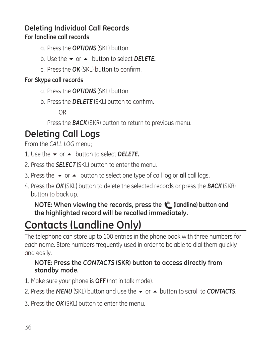 RCA 28300 setup guide Contacts Landline Only, Deleting Call Logs, For landline call records, For Skype call records 