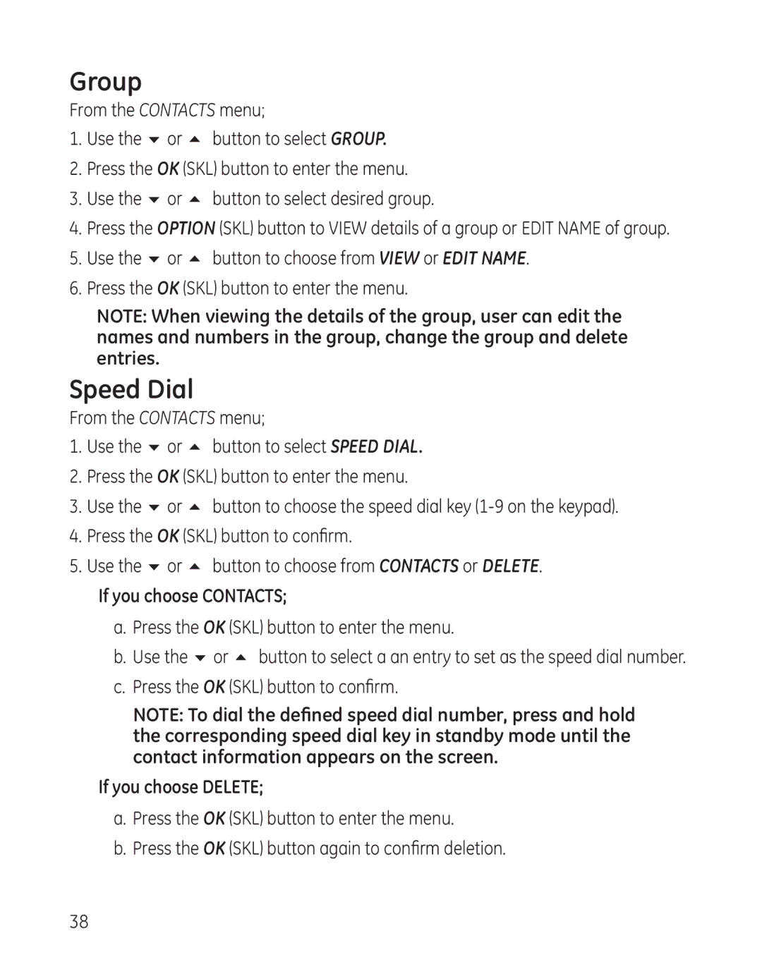 RCA 28300 setup guide Group, Speed Dial, If you choose Contacts, If you choose Delete 