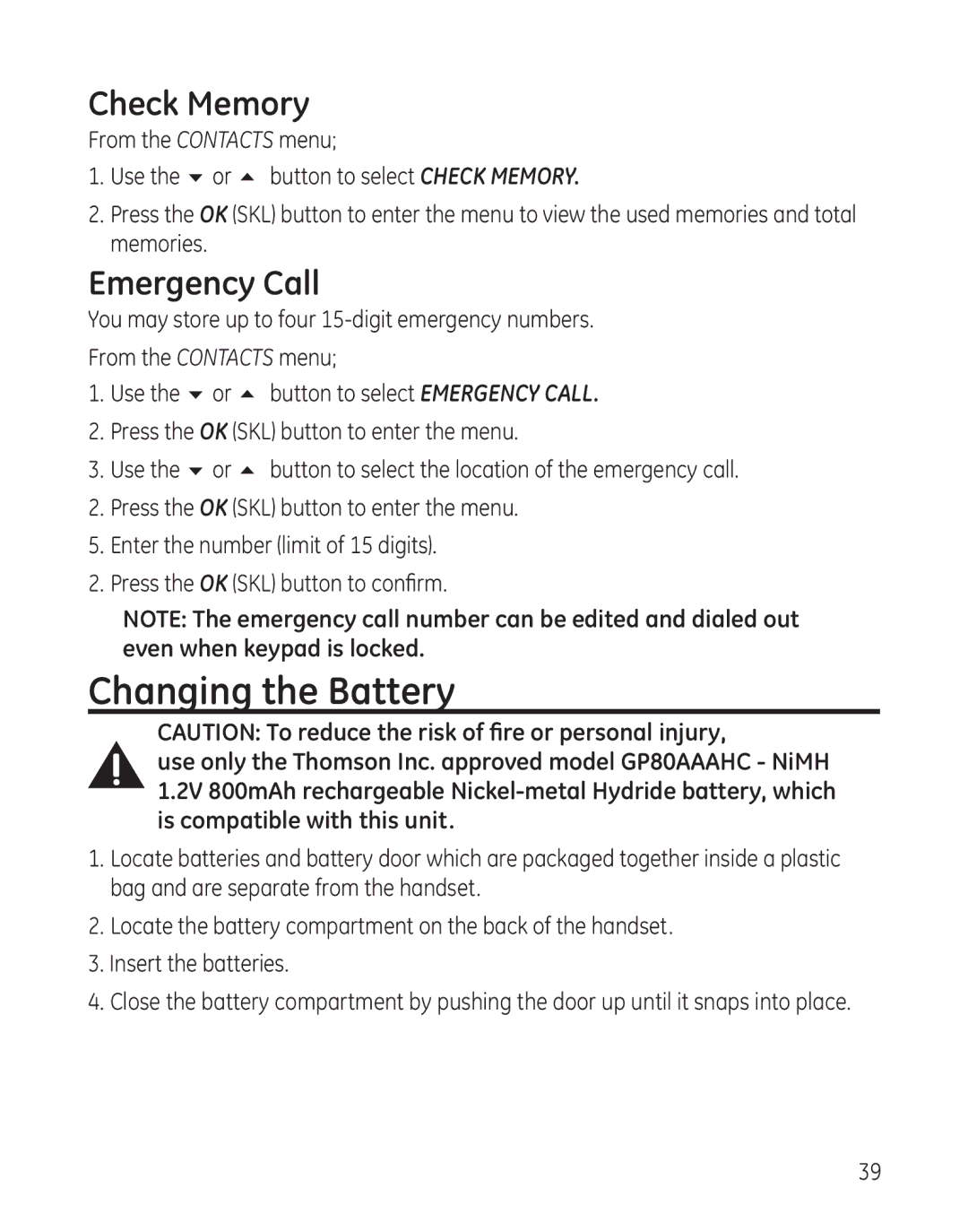 RCA 28300 setup guide Changing the Battery, Check Memory, Emergency Call 