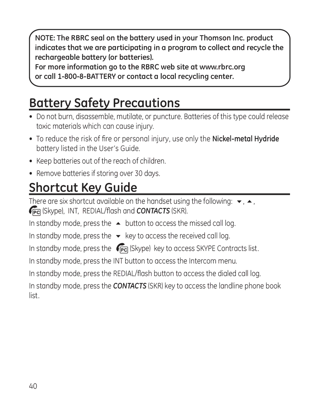 RCA 28300 setup guide Battery Safety Precautions, Shortcut Key Guide 