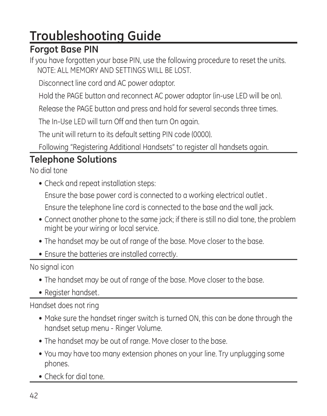 RCA 28300 setup guide Troubleshooting Guide, Forgot Base PIN, Telephone Solutions 