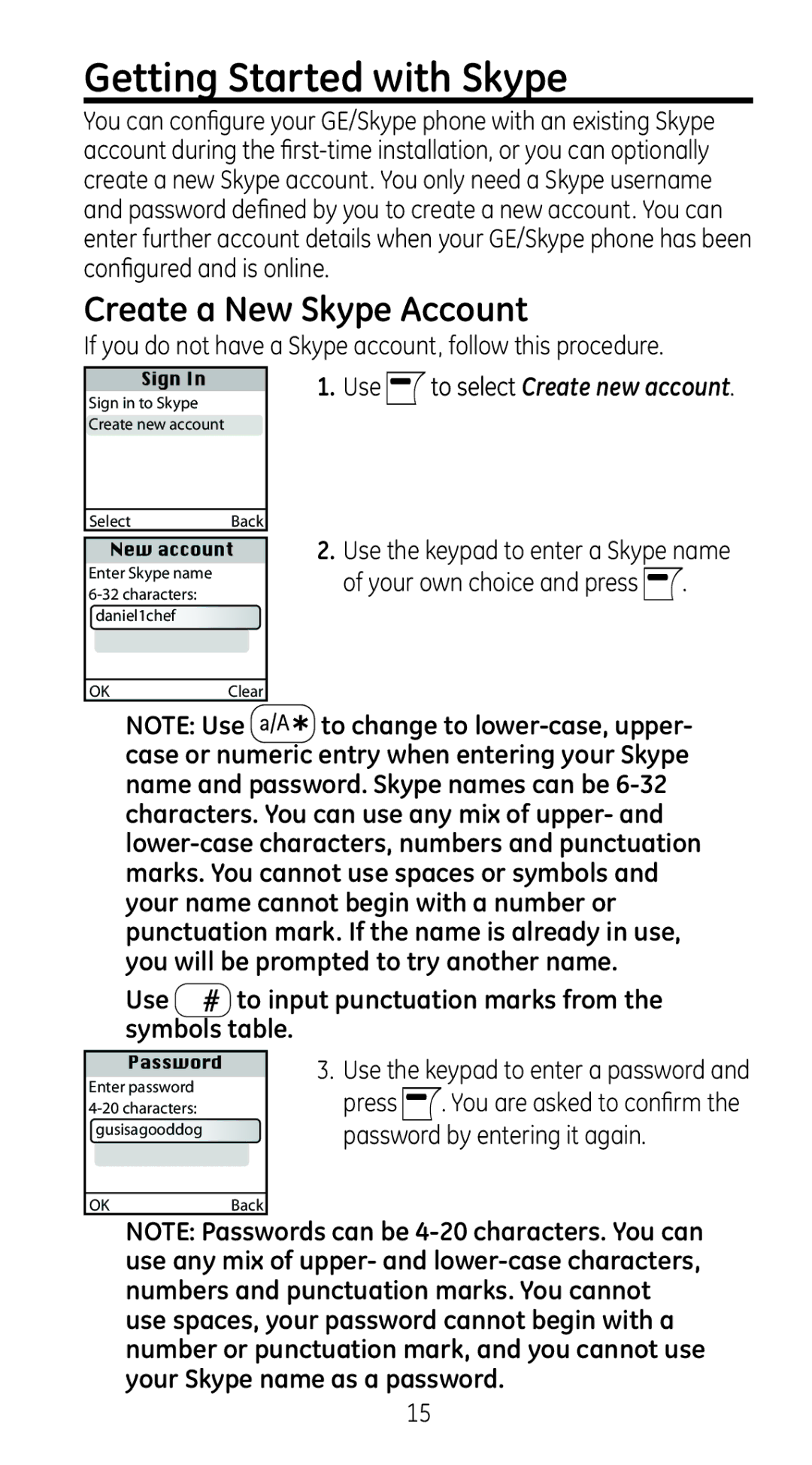 RCA 28310 Getting Started with Skype, Create a New Skype Account, Use To input punctuation marks from Symbols table, Press 