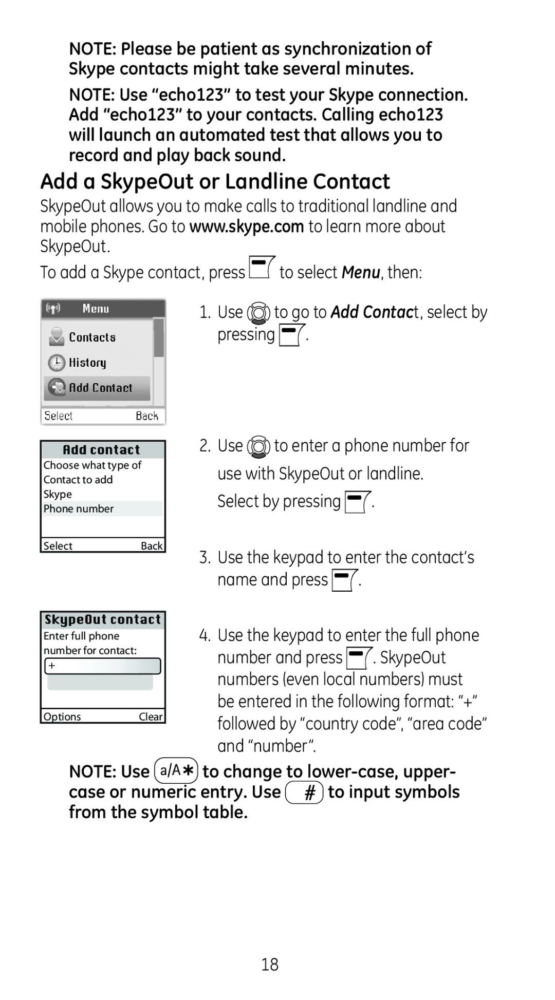 RCA 28310 manual Add a SkypeOut or Landline Contact, Use with SkypeOut or landline, Name and press 