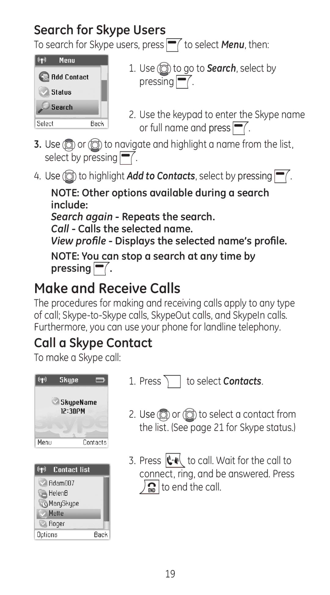 RCA 28310 manual Make and Receive Calls, Search for Skype Users, Call a Skype Contact 