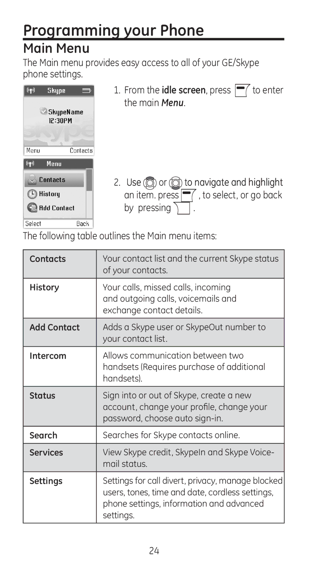 RCA 28310 manual Programming your Phone, Main Menu, Use or to navigate and highlight 