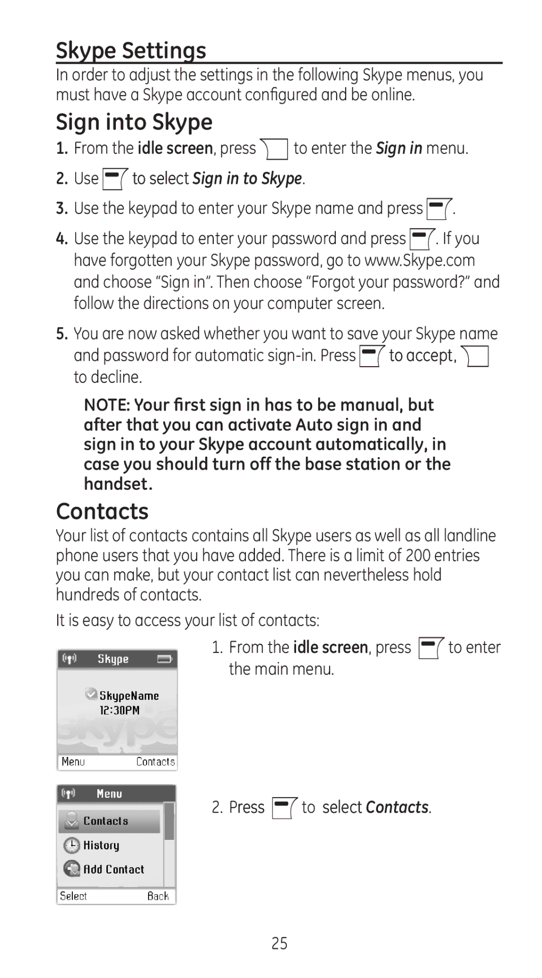 RCA 28310 manual Skype Settings, Sign into Skype, Password for automatic sign-in. Press to accept, to decline 