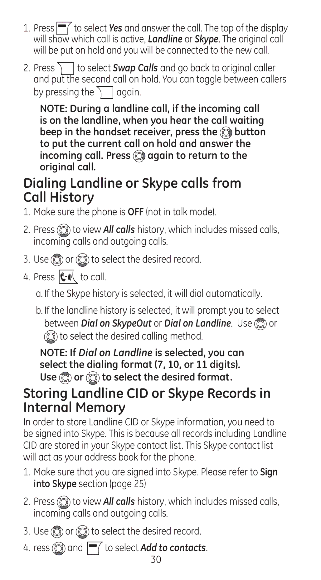 RCA 28310 Dialing Landline or Skype calls from Call History, Storing Landline CID or Skype Records in Internal Memory 