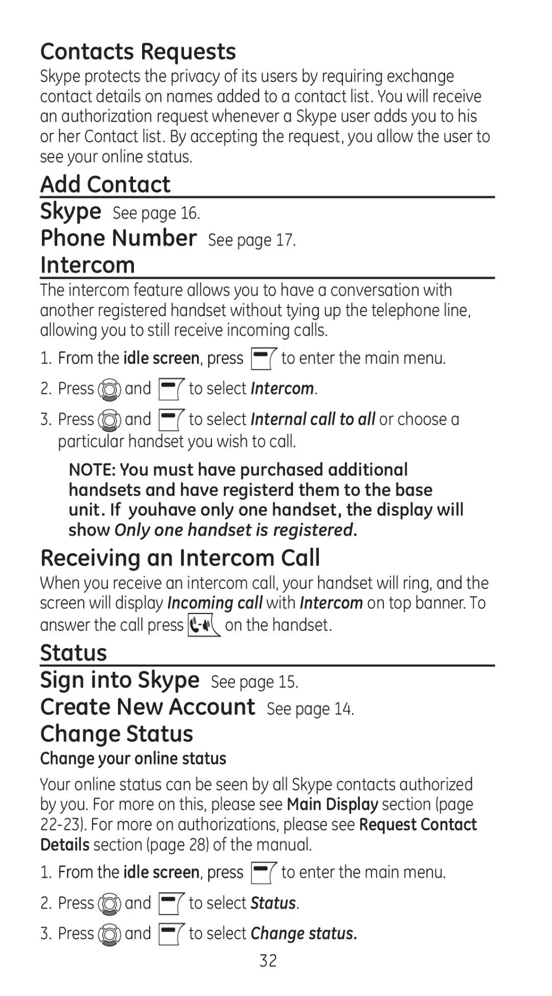 RCA 28310 Contacts Requests, Add Contact, Phone Number See Intercom, Receiving an Intercom Call, Change your online status 