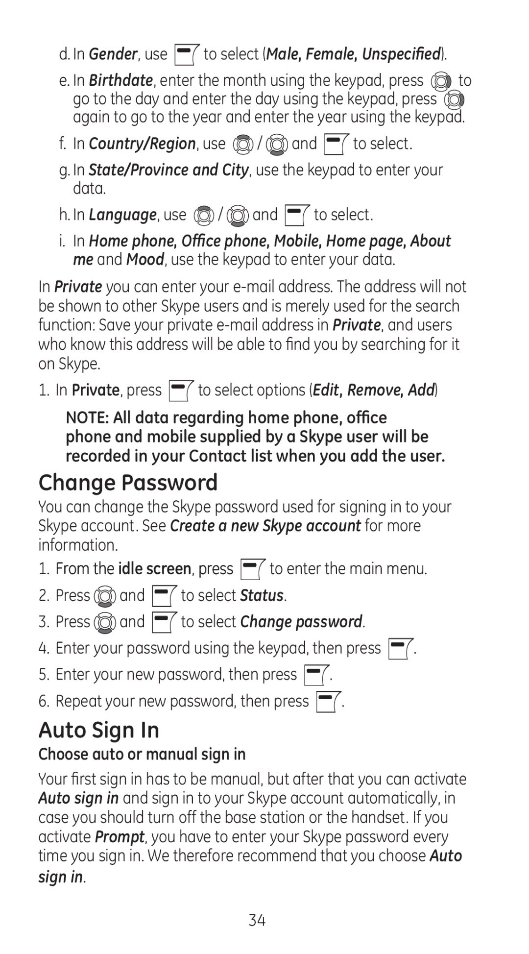 RCA 28310 Change Password, Auto Sign, Private, press to select options Edit, Remove, Add, Choose auto or manual sign 