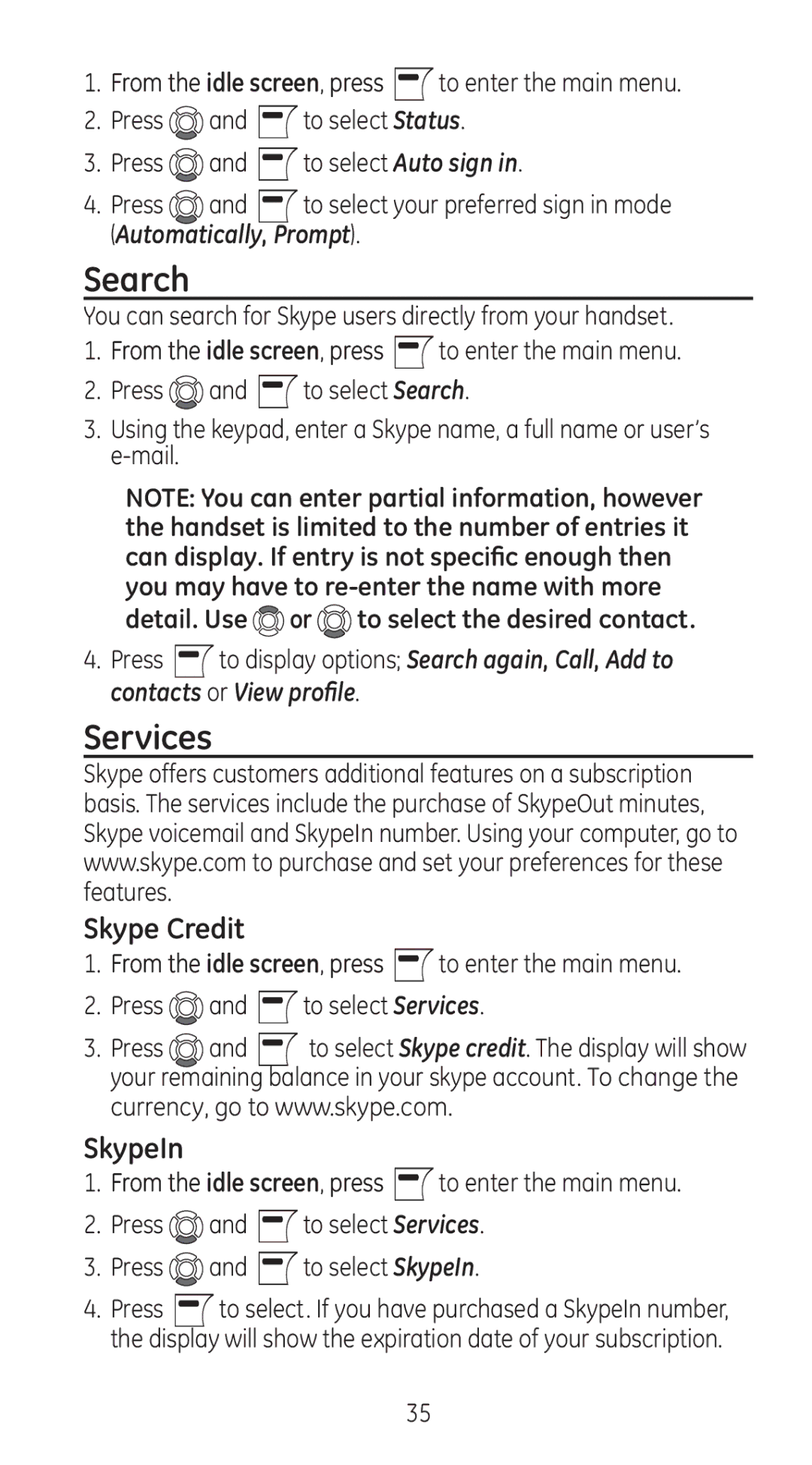 RCA 28310 manual Search, Services, Skype Credit, SkypeIn 