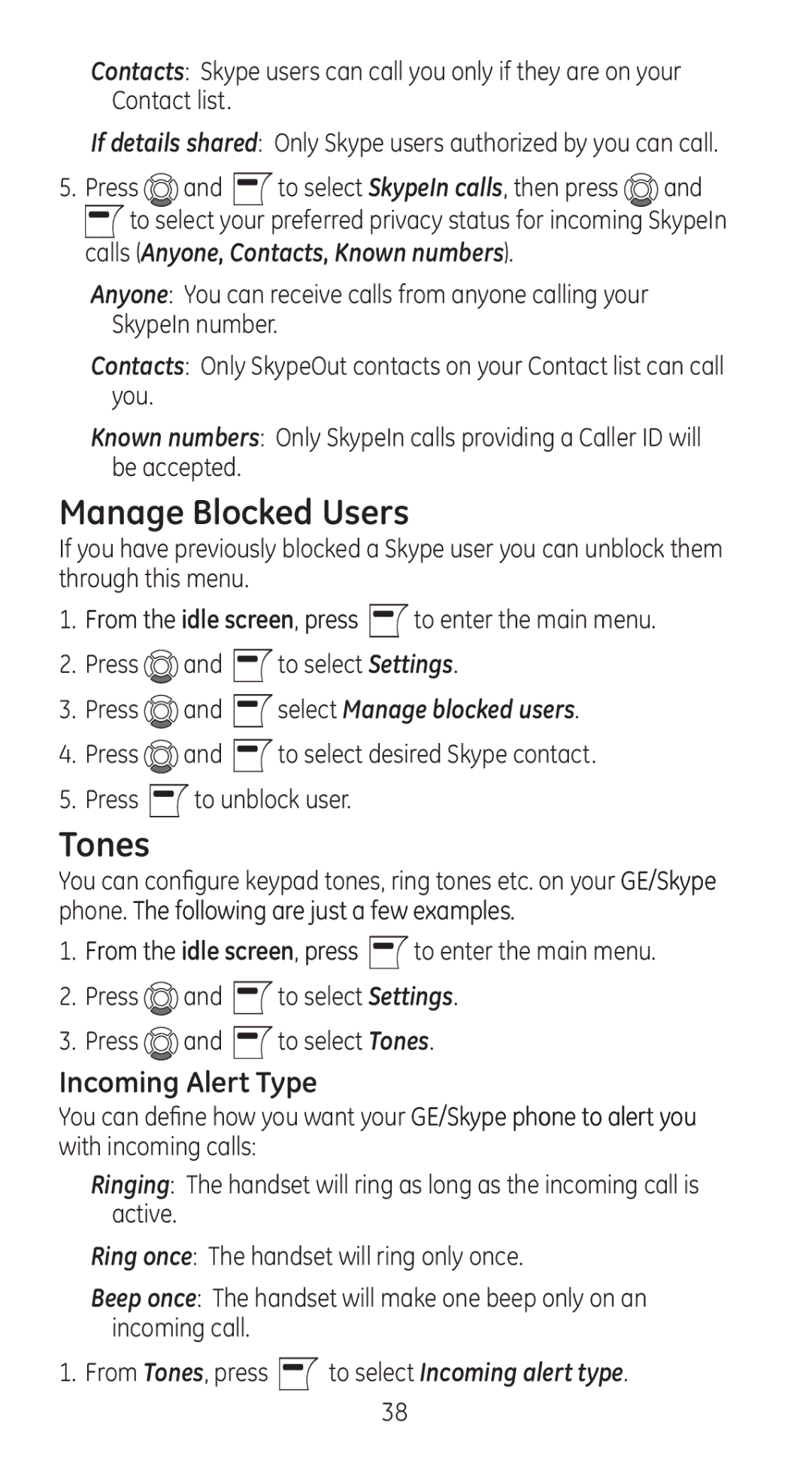 RCA 28310 manual Manage Blocked Users, Tones, Incoming Alert Type 