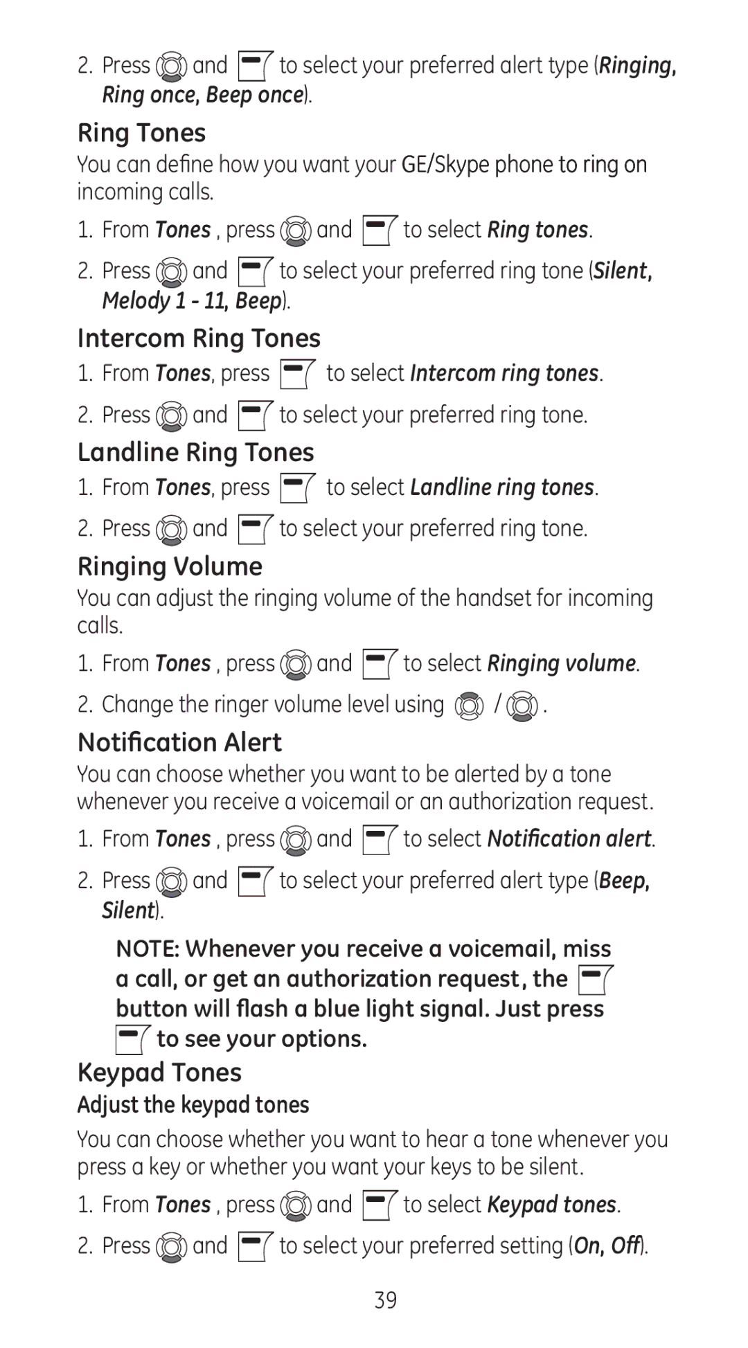 RCA 28310 manual Intercom Ring Tones, Landline Ring Tones, Ringing Volume, Notification Alert, Keypad Tones 