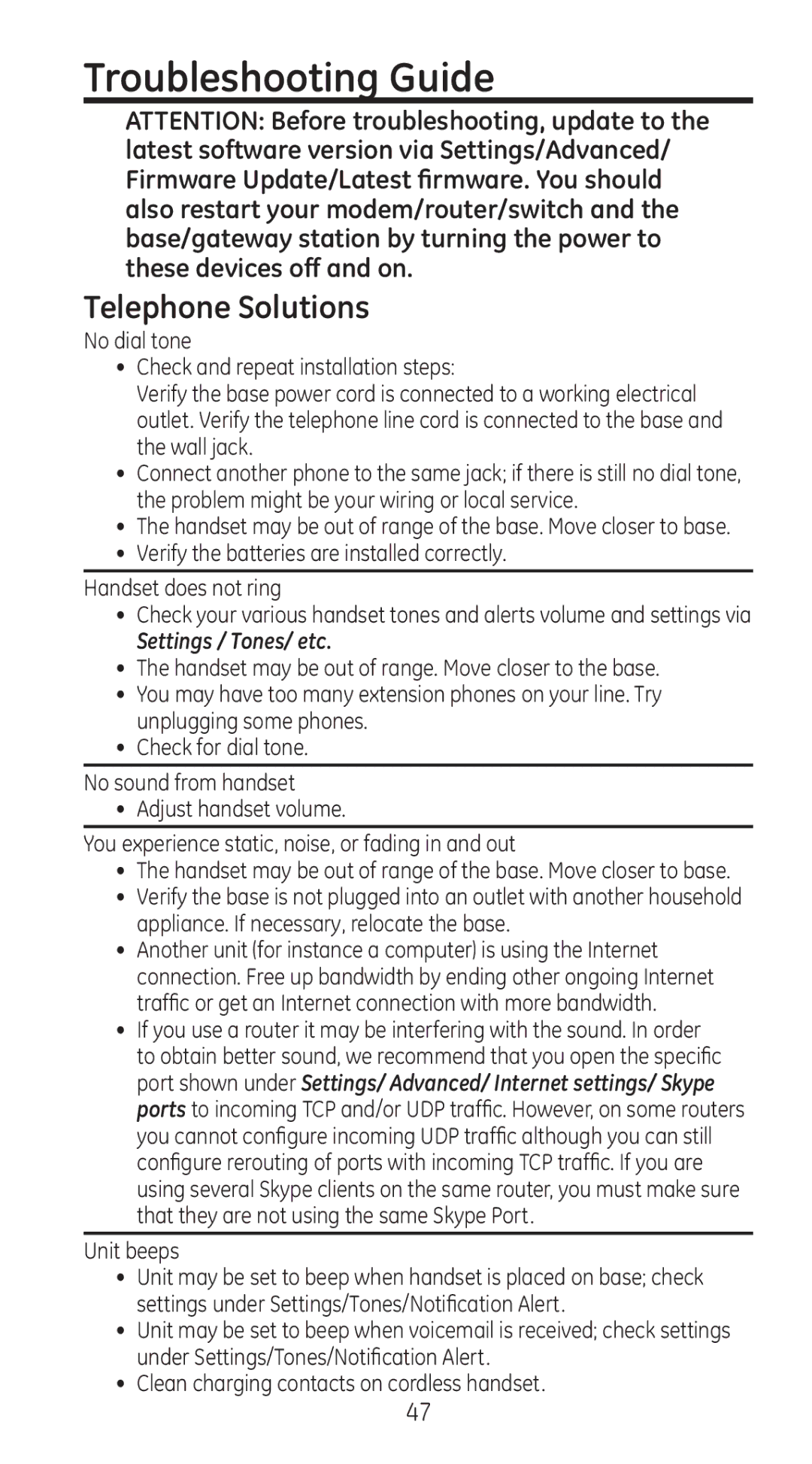 RCA 28310 manual Troubleshooting Guide, Telephone Solutions, Unit beeps 