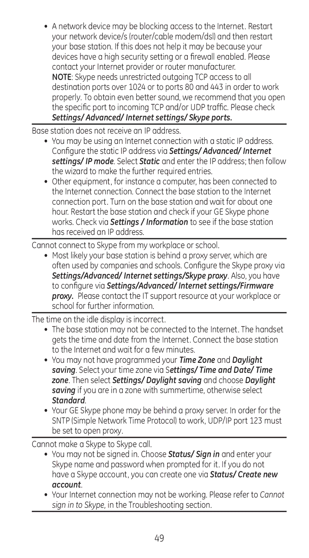 RCA 28310 manual Base station does not receive an IP address, Cannot connect to Skype from my workplace or school 