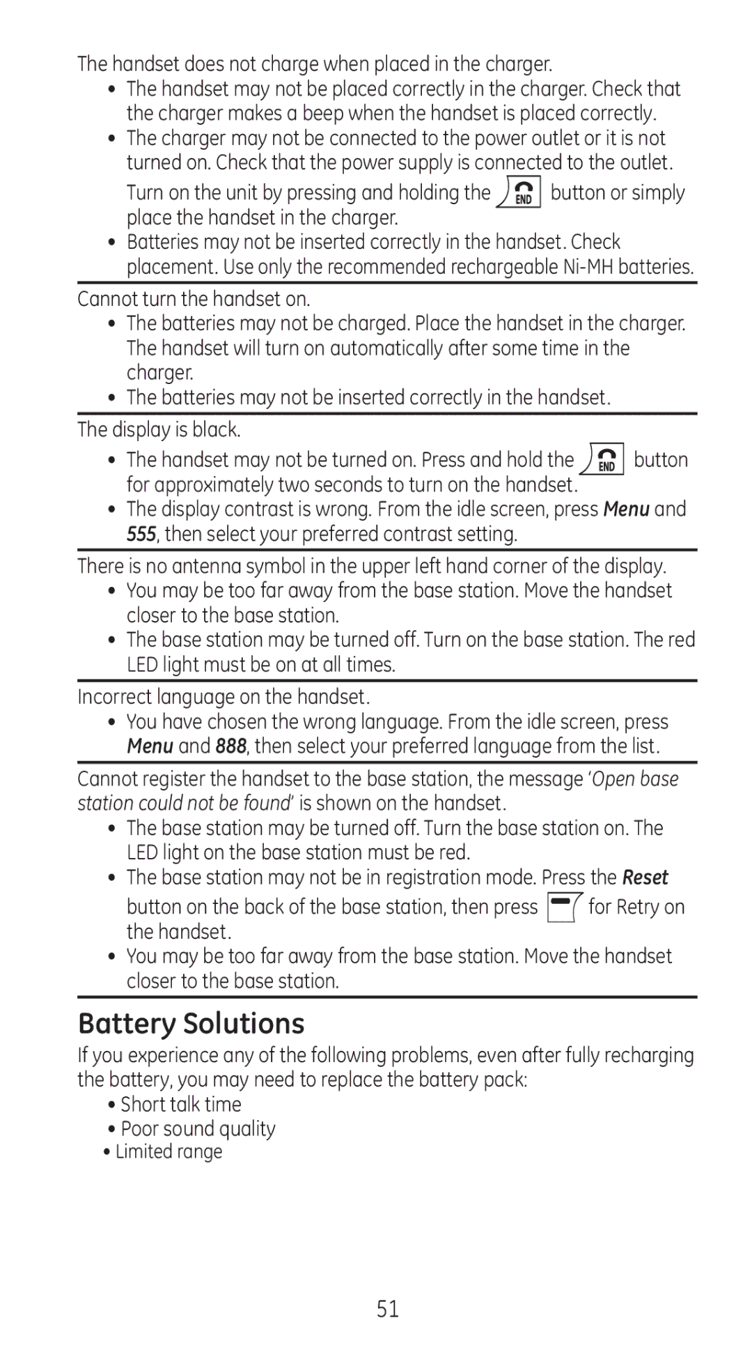 RCA 28310 Battery Solutions, Handset does not charge when placed in the charger, Place the handset in the charger, Button 