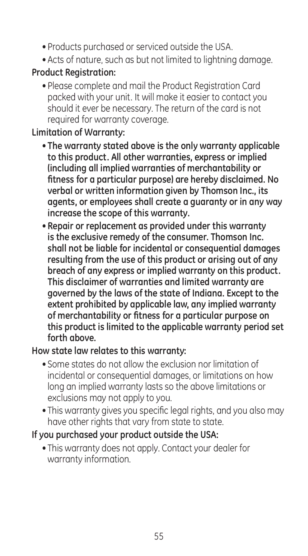 RCA 28310 manual Products purchased or serviced outside the USA, Product Registration, Limitation of Warranty 