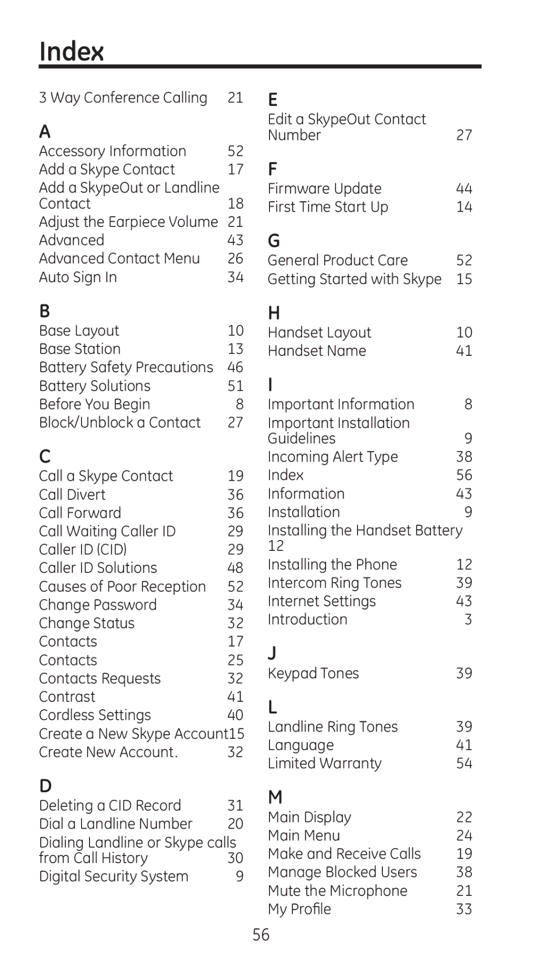 RCA 28310 manual Index, Firmware Update Contact First Time Start Up, Base Layout Handset Layout Base Station Handset Name 