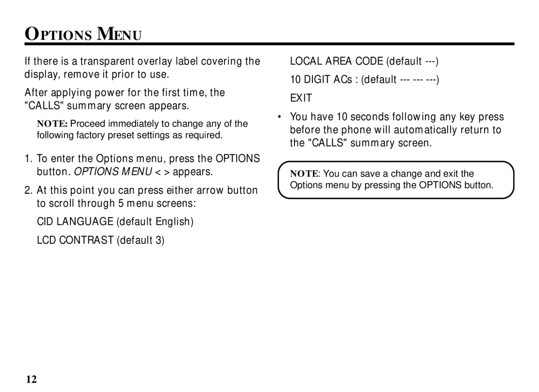 RCA 29086 manual Options Menu, Exit 