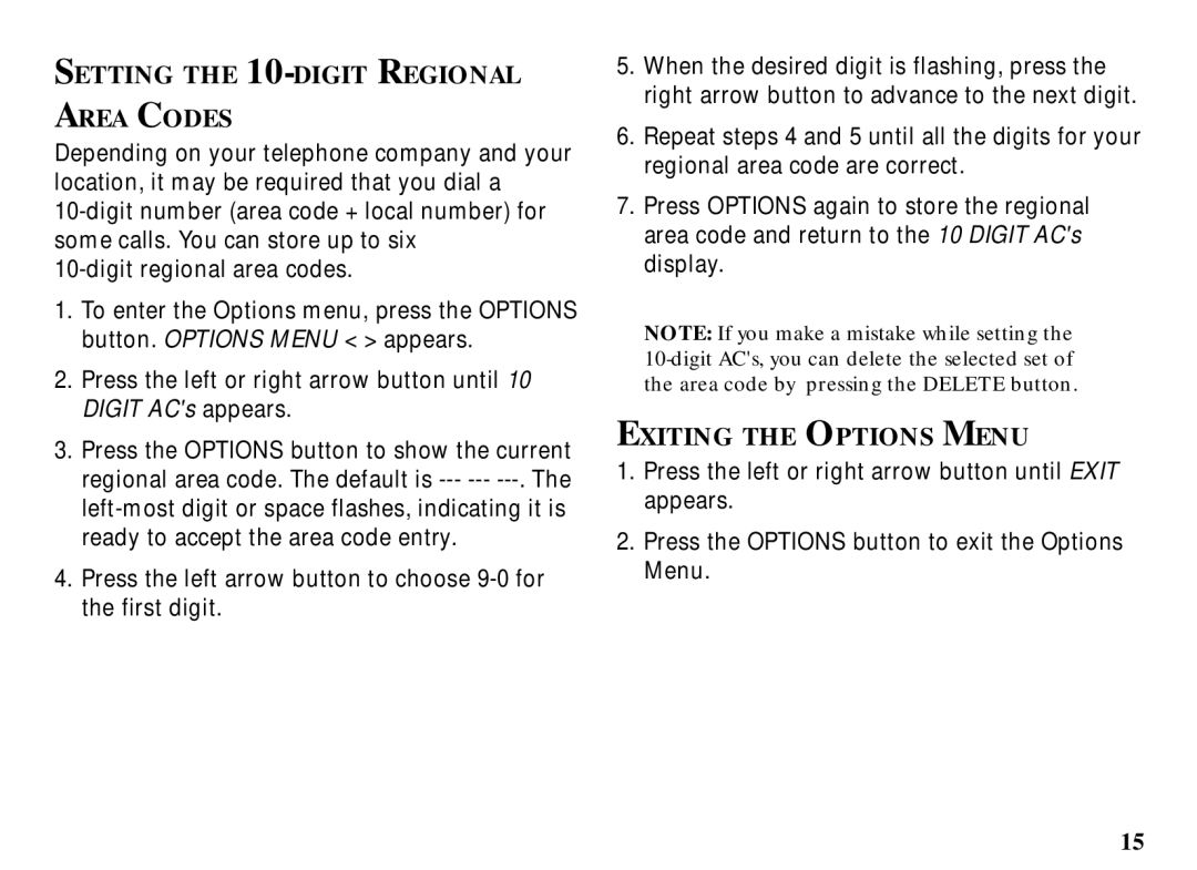 RCA 29086 manual Setting the 10-DIGIT Regional Area Codes, Exiting the Options Menu 