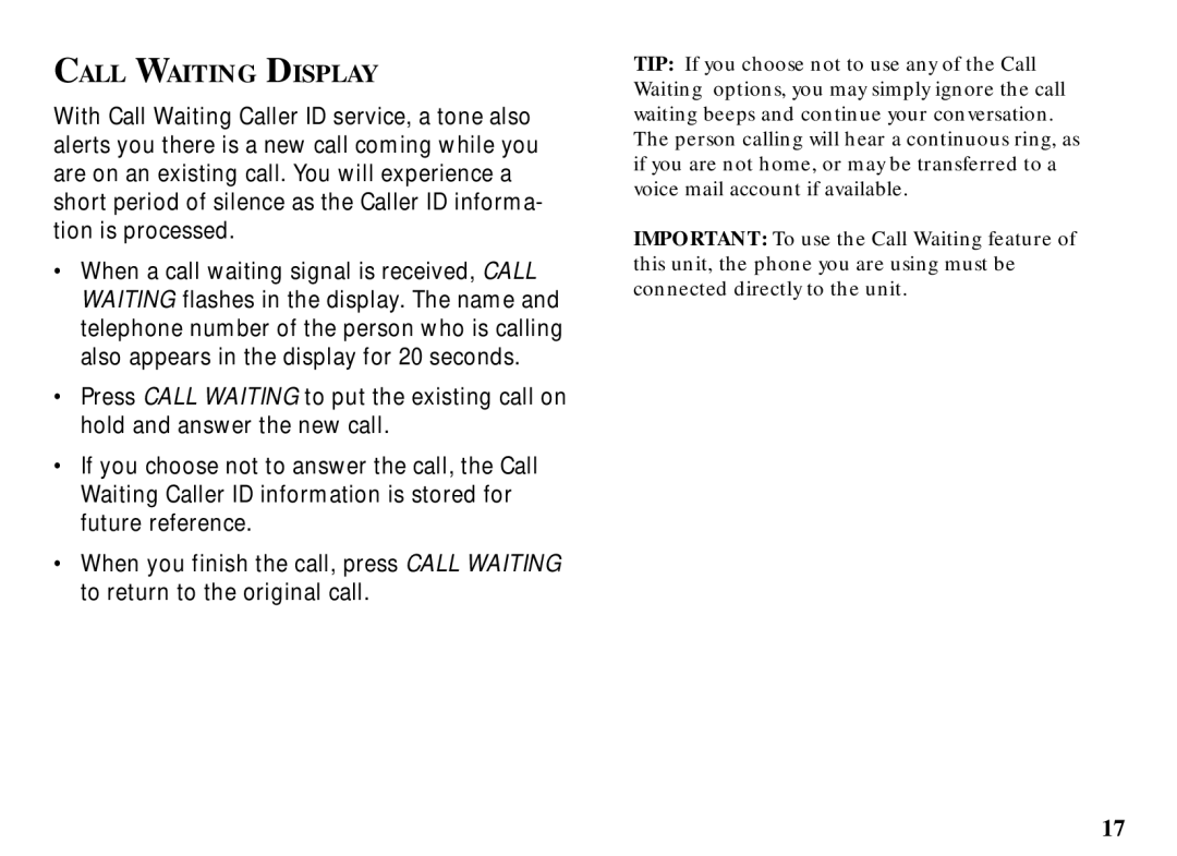 RCA 29086 manual Call Waiting Display 