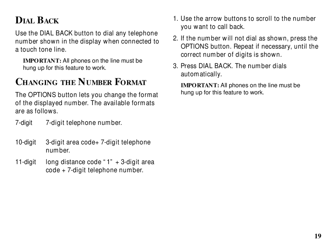 RCA 29086 manual Dial Back, Changing the Number Format 