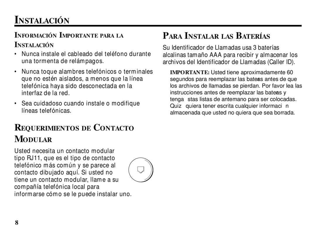 RCA 29086 manual Instalación, Requerimientos DE Contacto Modular, Para Instalar LAS Baterías 