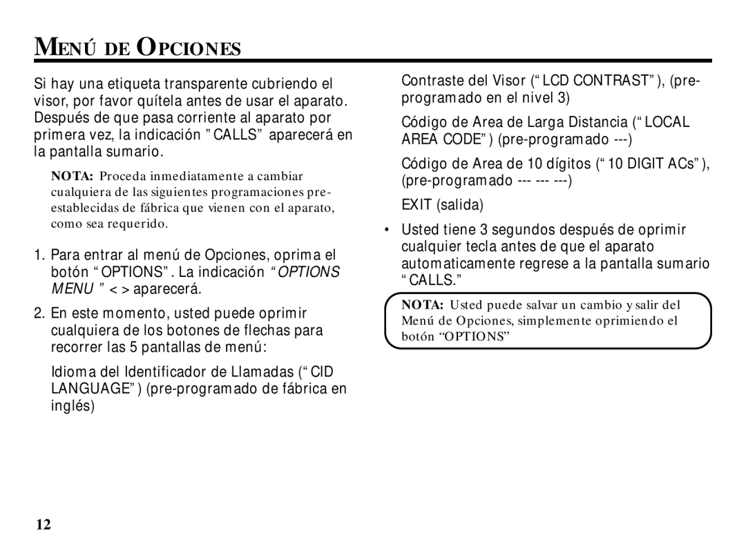 RCA 29086 manual Menú DE Opciones 